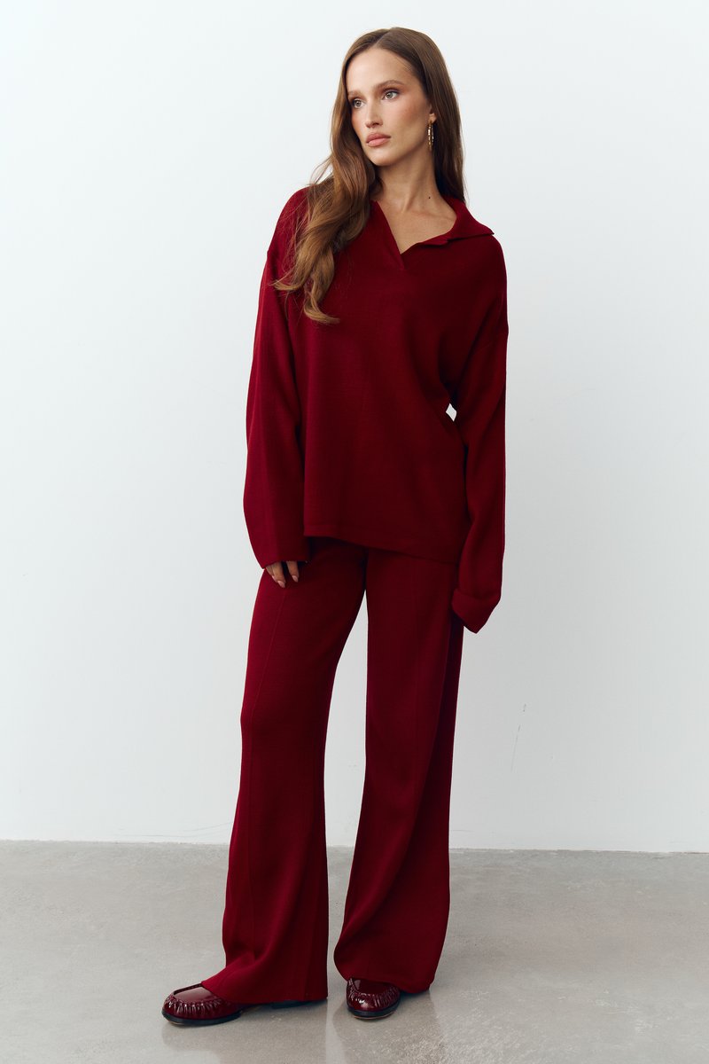 

Бордовий трикотажний костюм зі штанами і поло