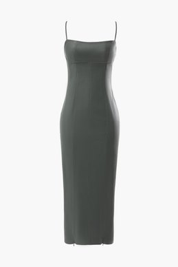 Серое кожаное платье миди с разрезами