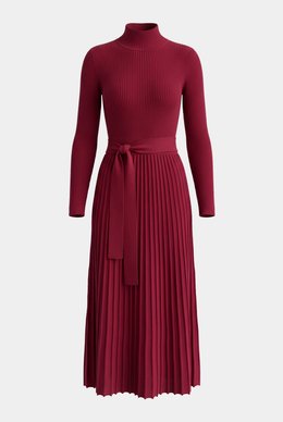 Burgundy knitted midi dress with belt