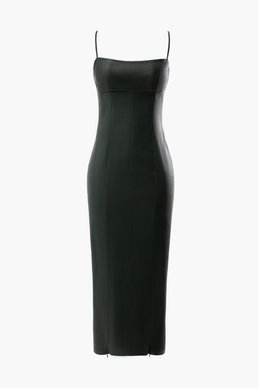 Шкіряна сукня міді з розрізами у темно зеленому відтінку