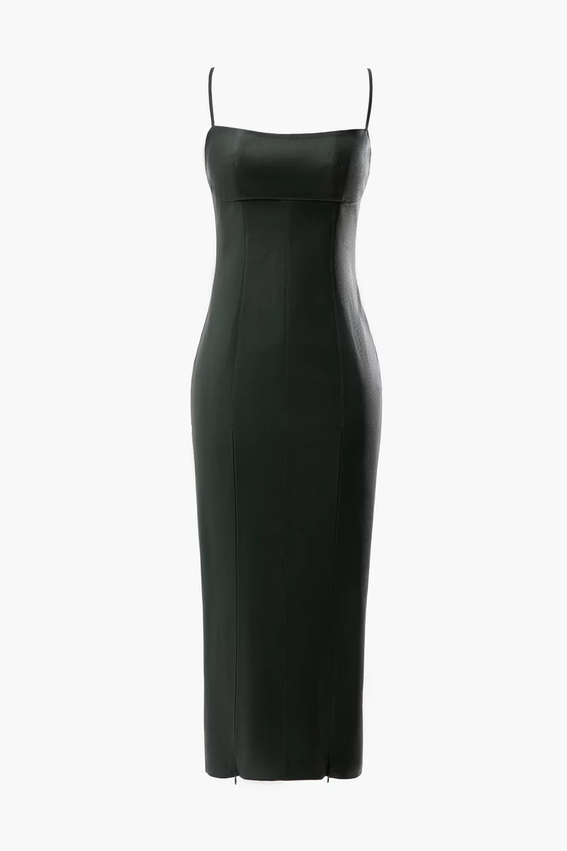 Кожаное платье миди с разрезами в темно-зеленом оттенке фотография 5