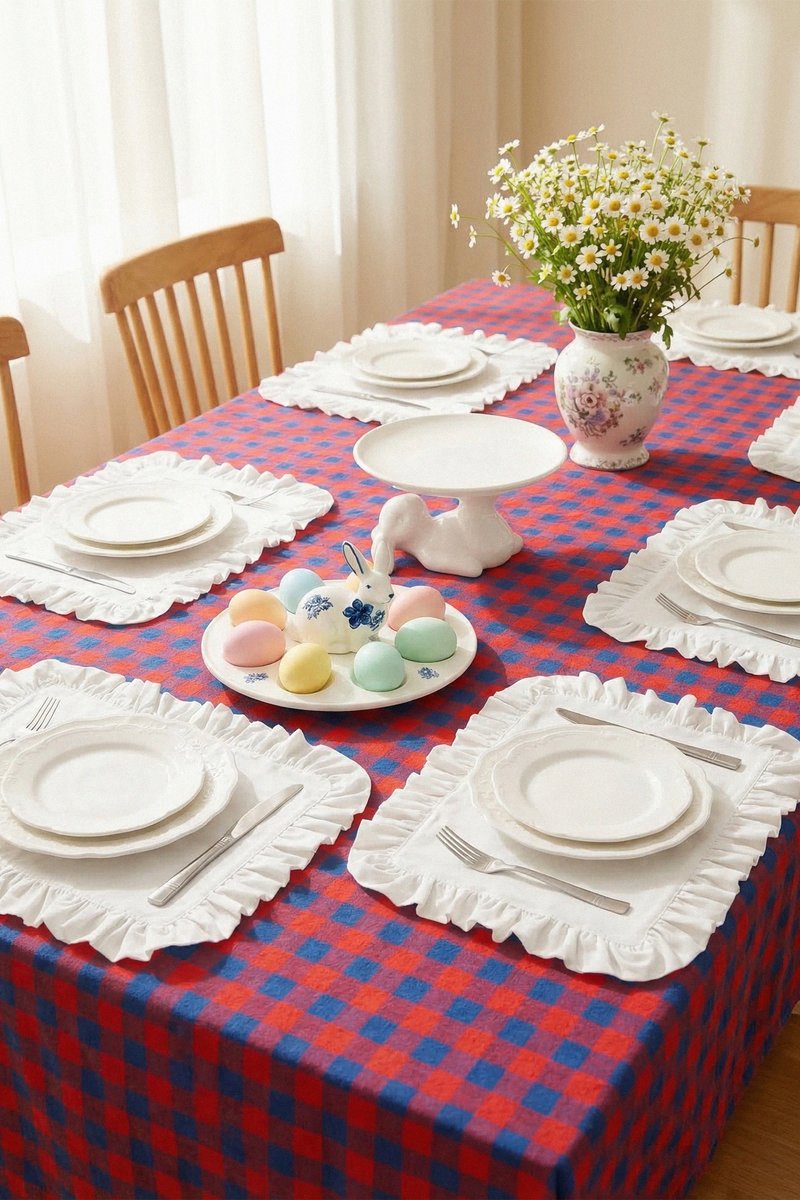 

Червоно-синя скатертина з принтом у клітинку 140х220 см