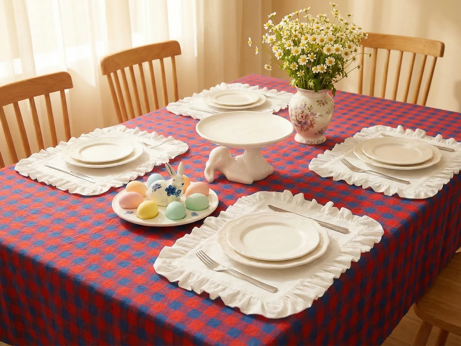 Красно-синяя скатерть с принтом в клеточку 140х220 см фотография 1