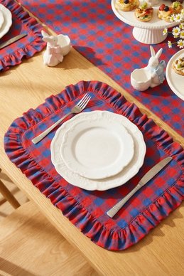 Червоно-синій двосторонній плейсмат з рюшами 37х50 см
