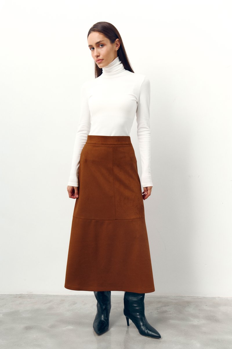 

Спідниця міді із екозамші у відтінку кемел