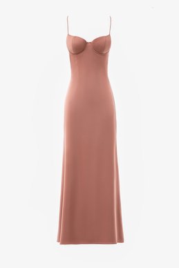 Бежевое сатиновое платье макси на тонких бретелях