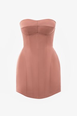 Бежевое сатиновое платье мини с моделирующими вставками