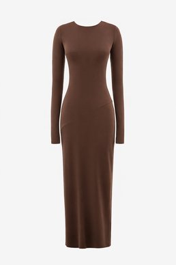 Коричневое трикотажное платье макси с длинным рукавом