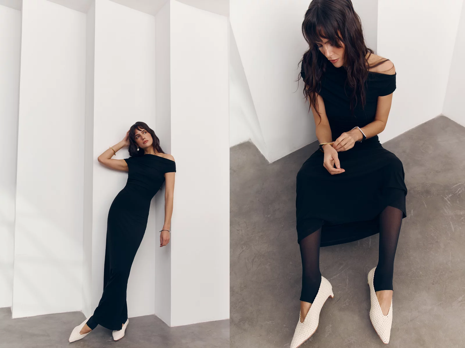 Черное трикотажное платье макси с ассиметричным верхом фотография 1