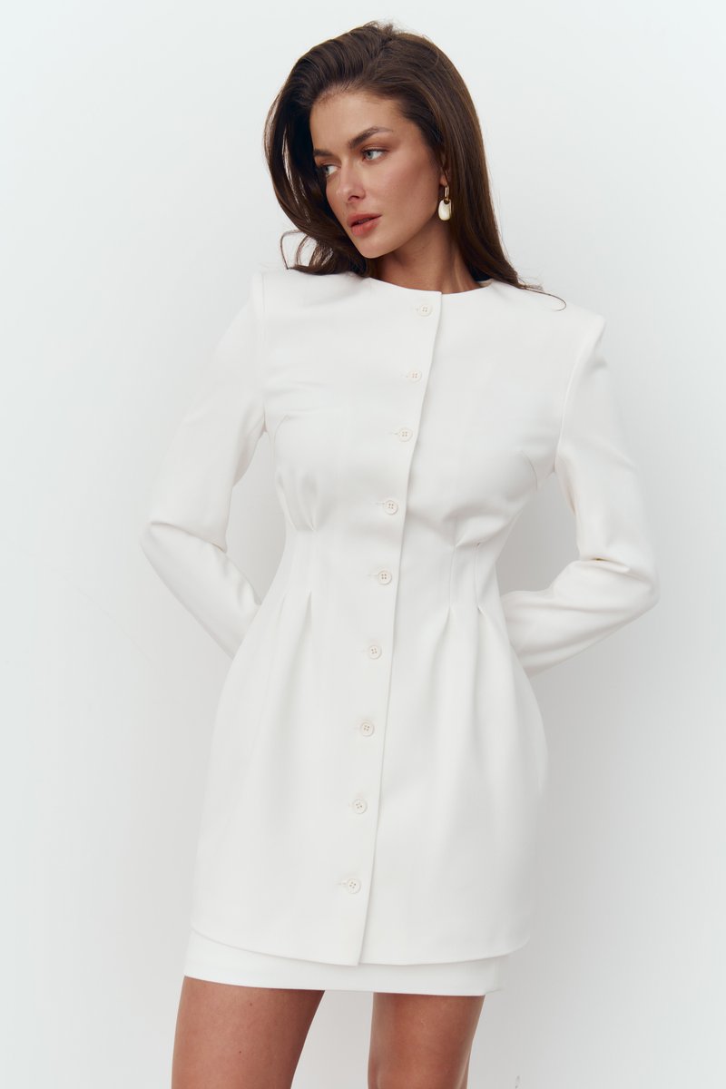 Молочный комплект из платья мини и юбки из костюмной ткани фотография 1