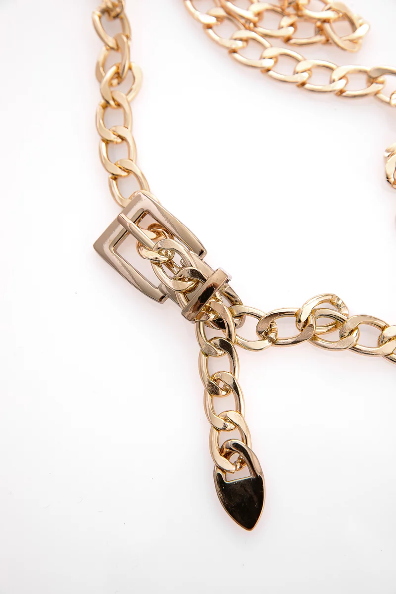 Золотистый ремень-цепь с прямоугольной пряжкой фотография 1