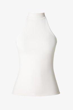 Молочный трикотажный топ с воротником-стойкой