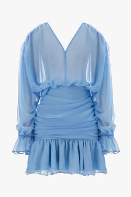 Blue chiffon mini dress with ruffles and drapery