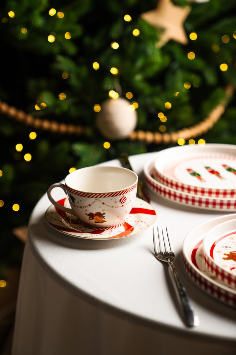 Porcelain set of two cups and saucers with Christmas decor image 1