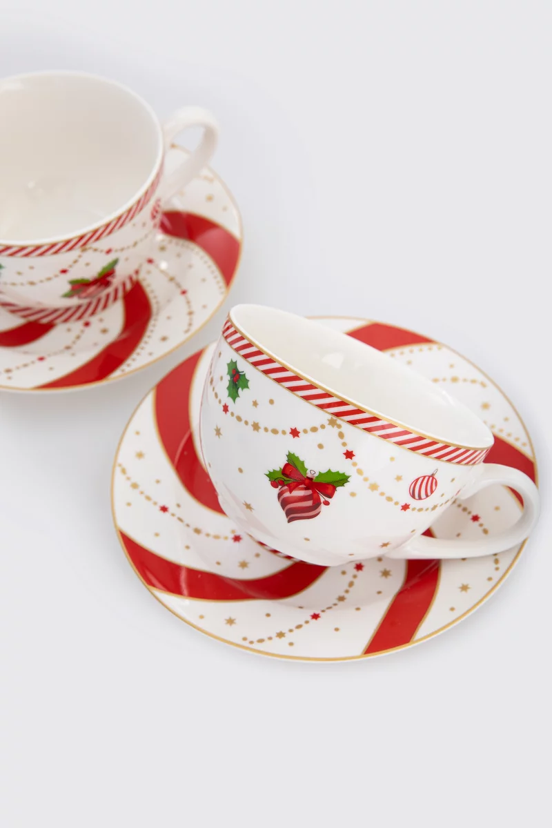 Фарфоровый набор из двух чашек и блюдец с рождественским декором фотография 3