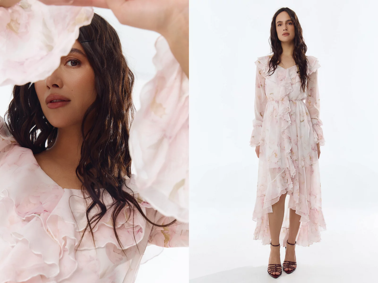 Молочна шифонова сукня максі асиметричного крою фотографія 1