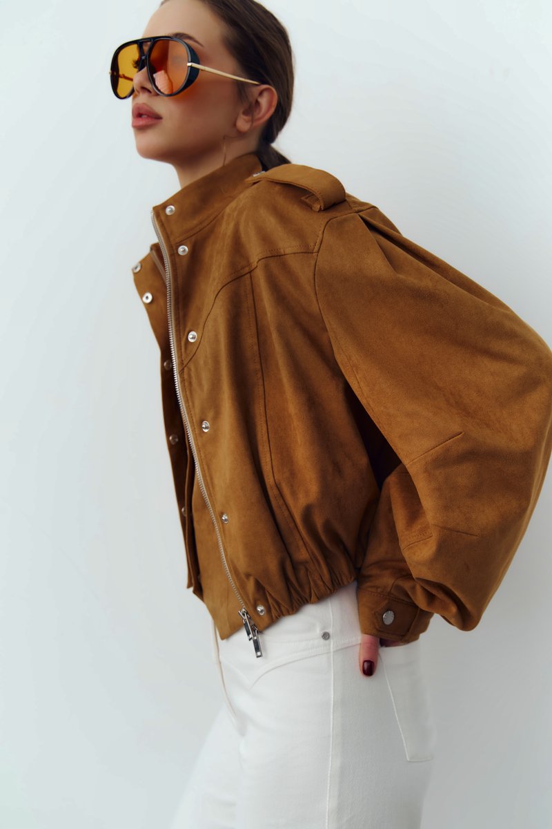 Camel faux suede bomber jacket image 1