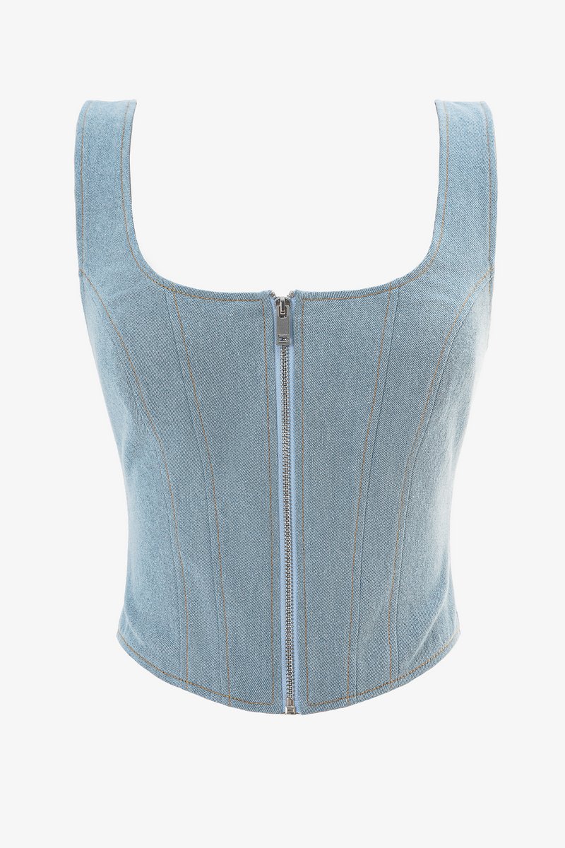 

Блакитний корсетний топ на блискавці із деніму