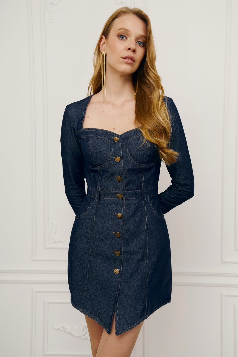 Синее платье мини из стрейч-денима фотография 1
