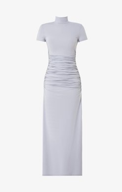 Голубое трикотажное платье макси с разрезом