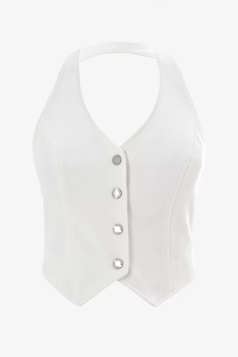 Молочный жилет на кнопках из денима фотография 1