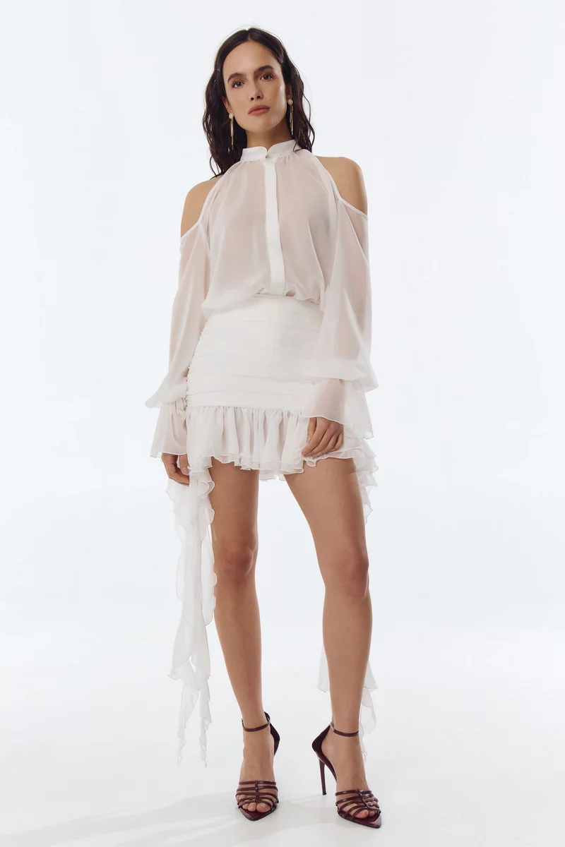 Молочная шифоновая юбка мини асимметричного кроя фотография 1