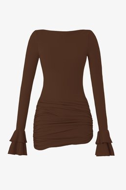 Коричневое трикотажное платье мини с рукавами с оборками