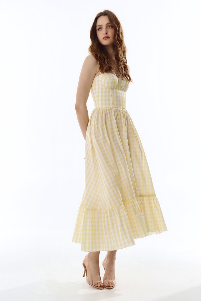 

Жовтий бавовняний сарафан міді у клітинку