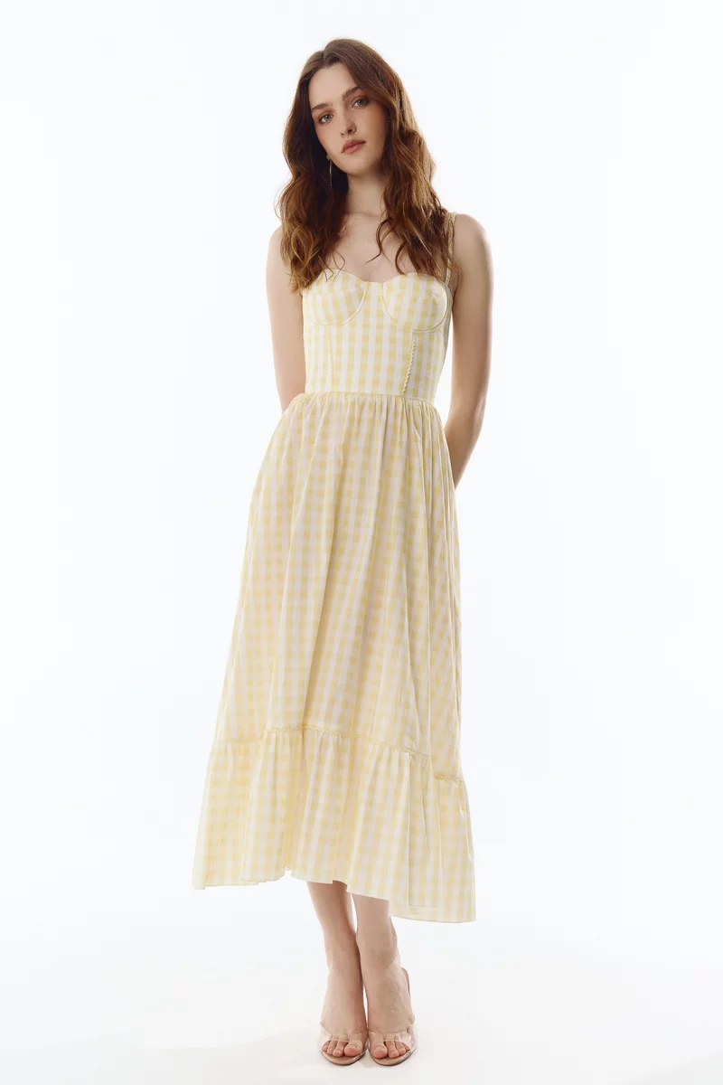 Желтый хлопковый сарафан миди в клетку фотография 2
