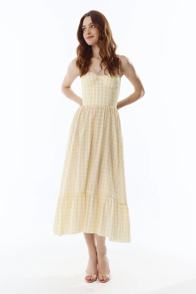 Желтый хлопковый сарафан миди в клетку фотография 4