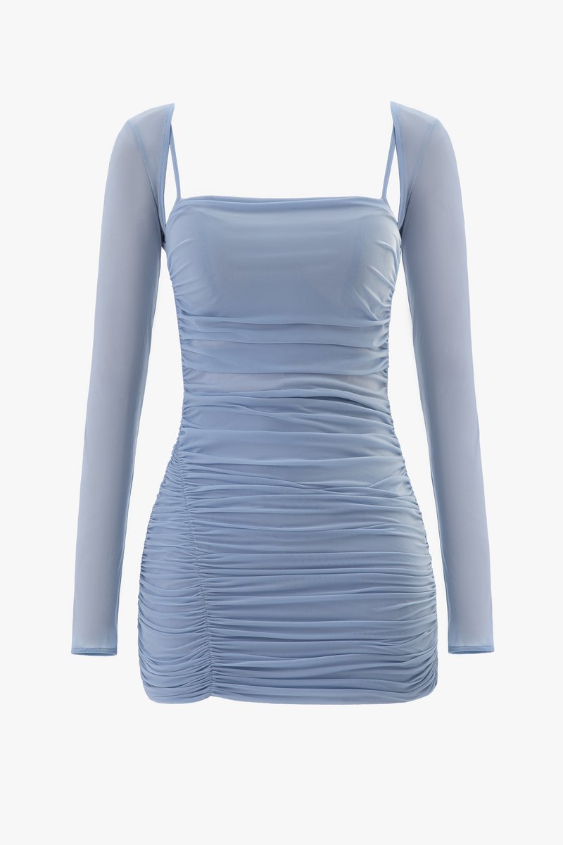 Голубое платье мини из стрейч-сетки с драпировкой фотография 1