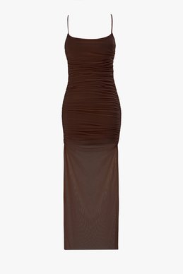 Бежева облягаюча сукня максі зі стрейч-сітки