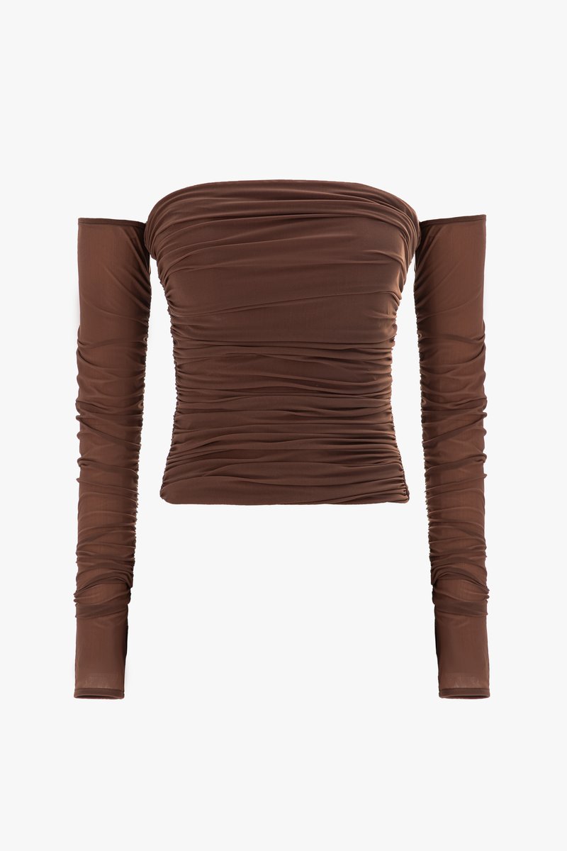 Коричневий лонгслів зі стрейч-сітки з рукавами фотографія 1