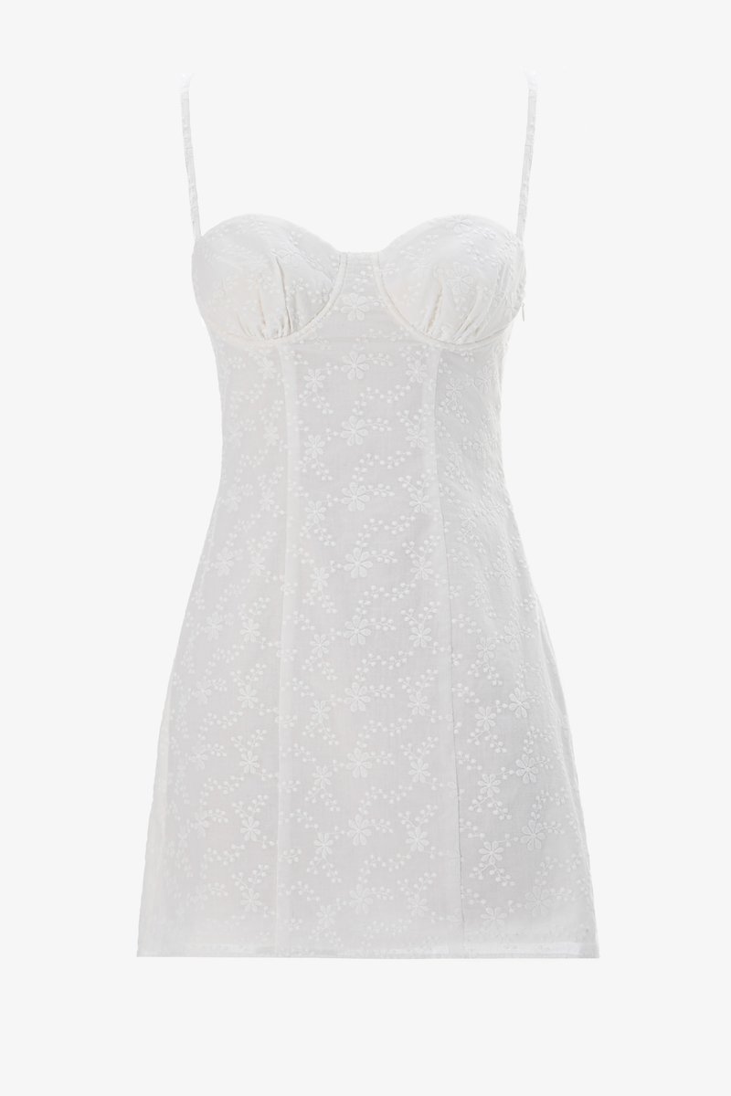 Молочное платье мини из прошвы с акцентным лифом фотография 1