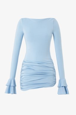 Голубое трикотажное платье мини с рукавами с оборками