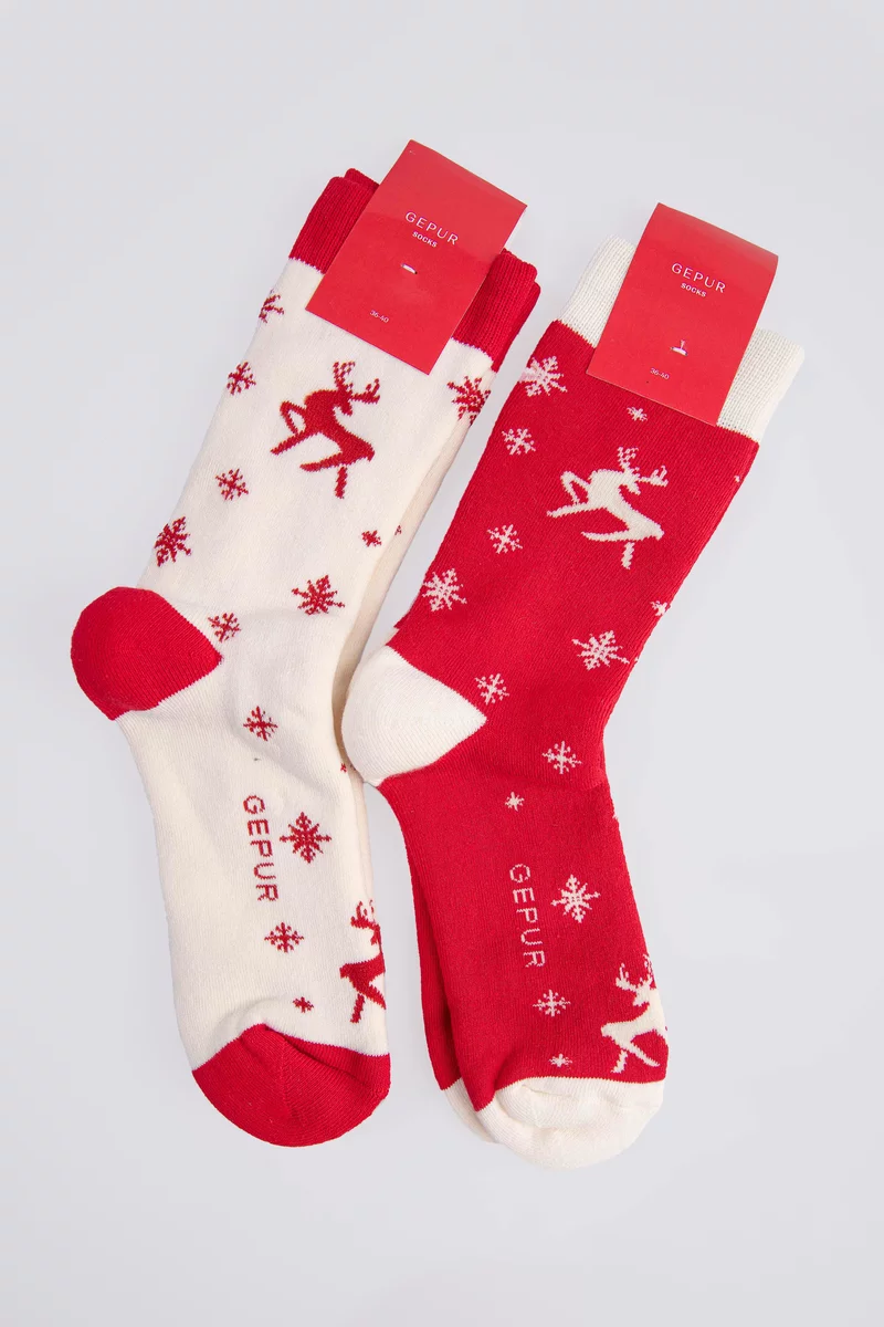 Set of red and milk socks with deer print photo 1
