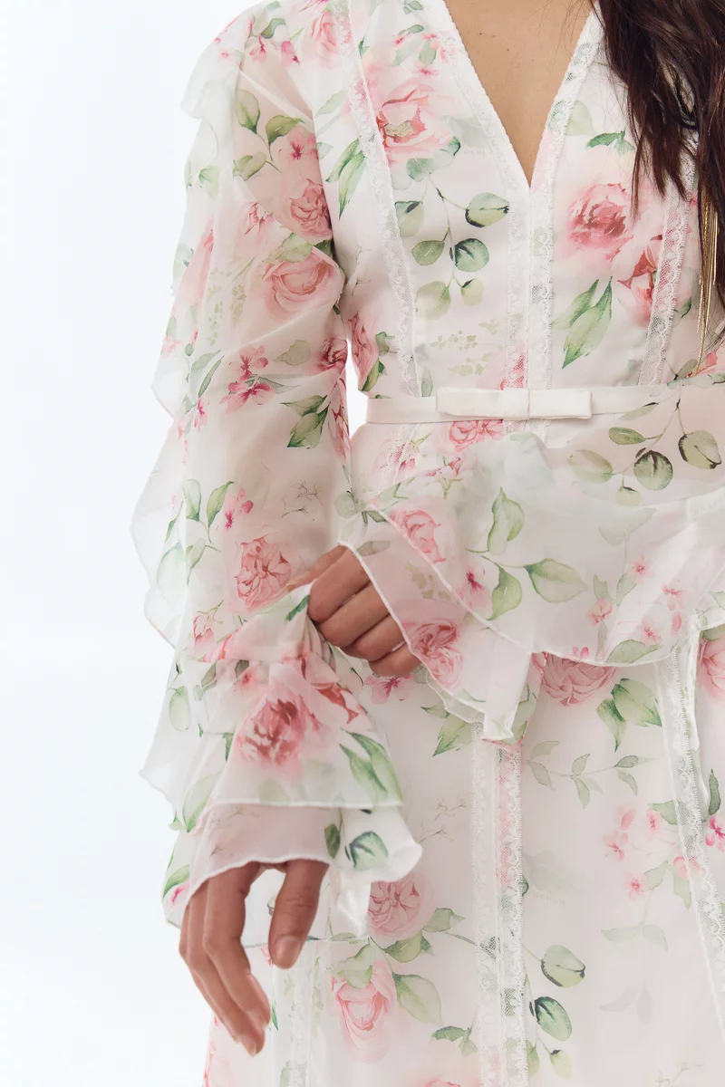 Молочное шифоновое платье макси с цветочным принтом Молочное шифоновое платье макси с цветочным принтом фотография 3