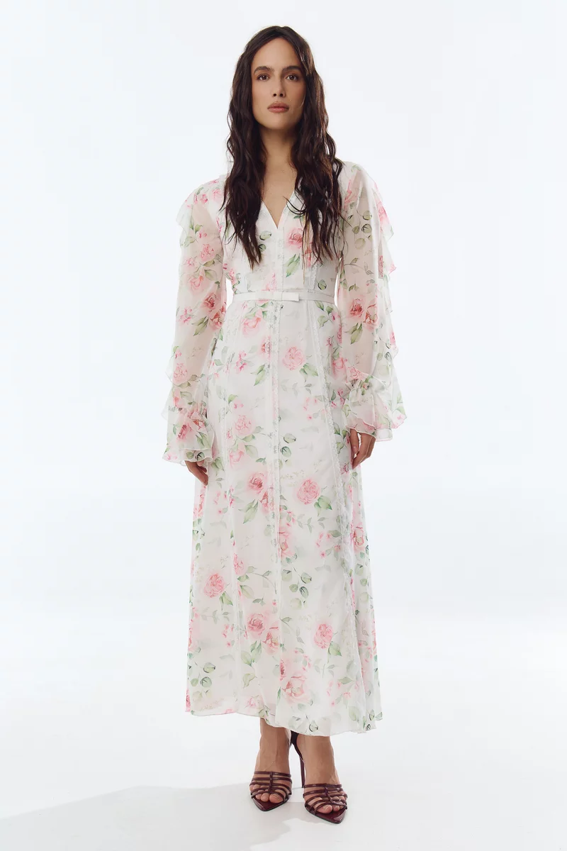 Молочное шифоновое платье макси с цветочным принтом Молочное шифоновое платье макси с цветочным принтом фотография 4