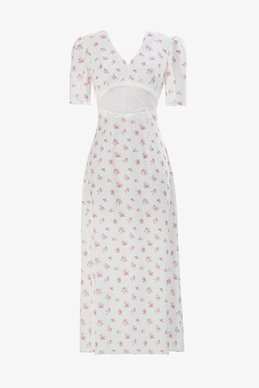 Молочна сатинова сукня міді з квітковим принтом