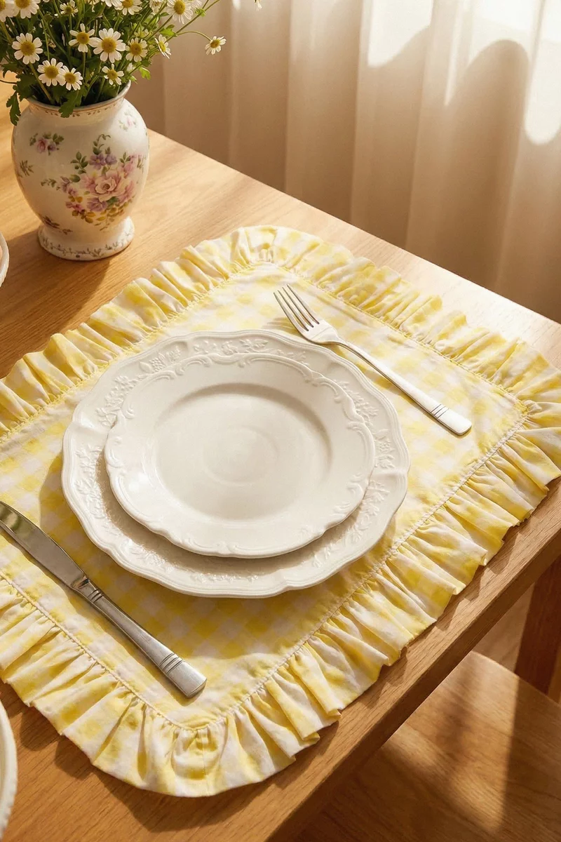 Желтый двухсторонний плейсмат в клеточку 49х39 см фотография 1