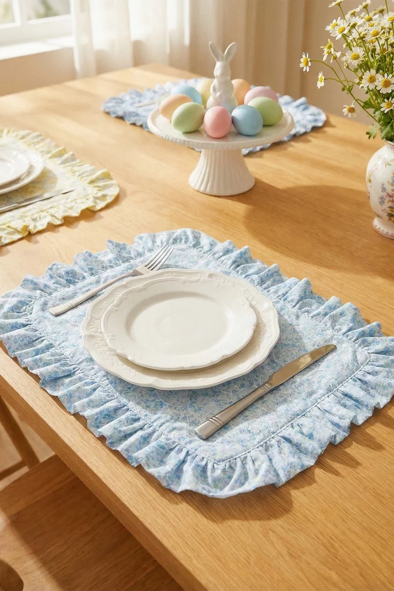 Голубой двухсторонний плейсмат с цветочной вышивкой 49х39 см фотография 1