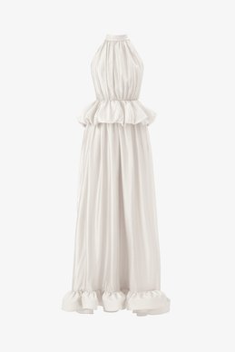 Молочное платье макси из органзы с рюшами