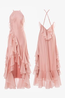 Розовое платье макси с органзы асимметричного кроя