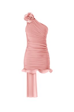 Рожева сукня міні зі стрейч-сітки із драпіруванням та квіткою