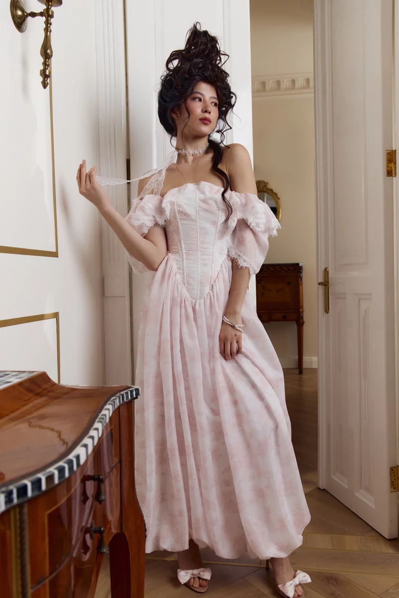 Молочное платье макси из органзы Lamballe фотография 2