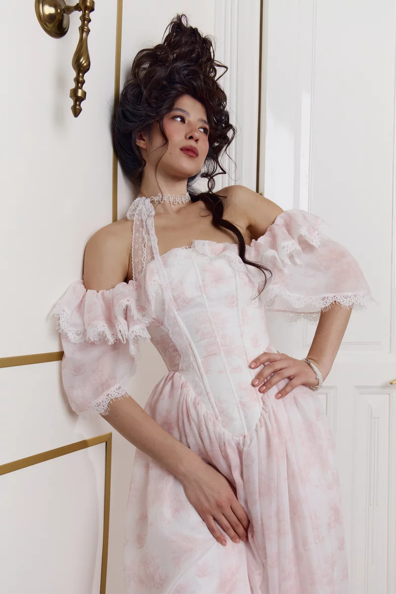 Молочное платье макси из органзы Lamballe фотография 5