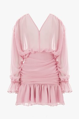 Pink chiffon mini dress with ruffles and drapery