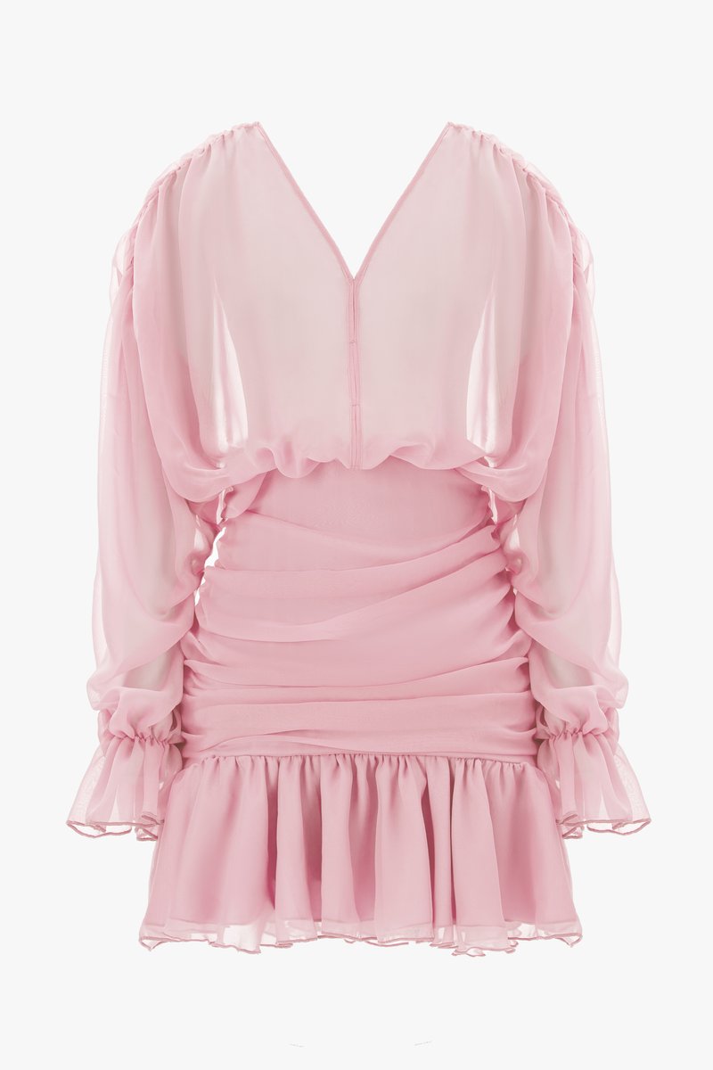 Рожева шифонова сукня міні з рюшами та драпіруванням фотографія 1