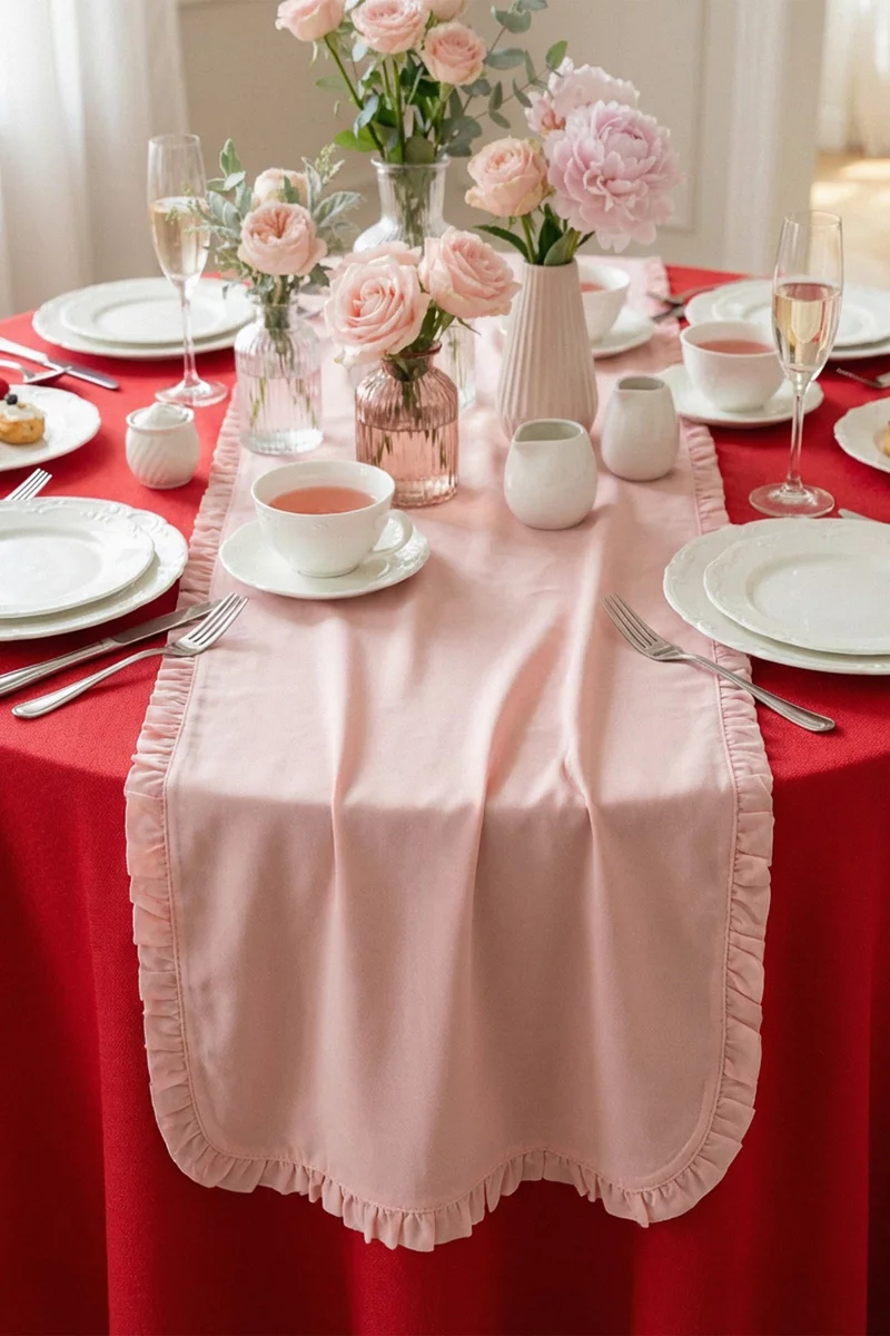 Бежевий прямокутний ранер з рюшами 150х40 см Бежевий прямокутний ранер з рюшами 150х40 см фотографія 1