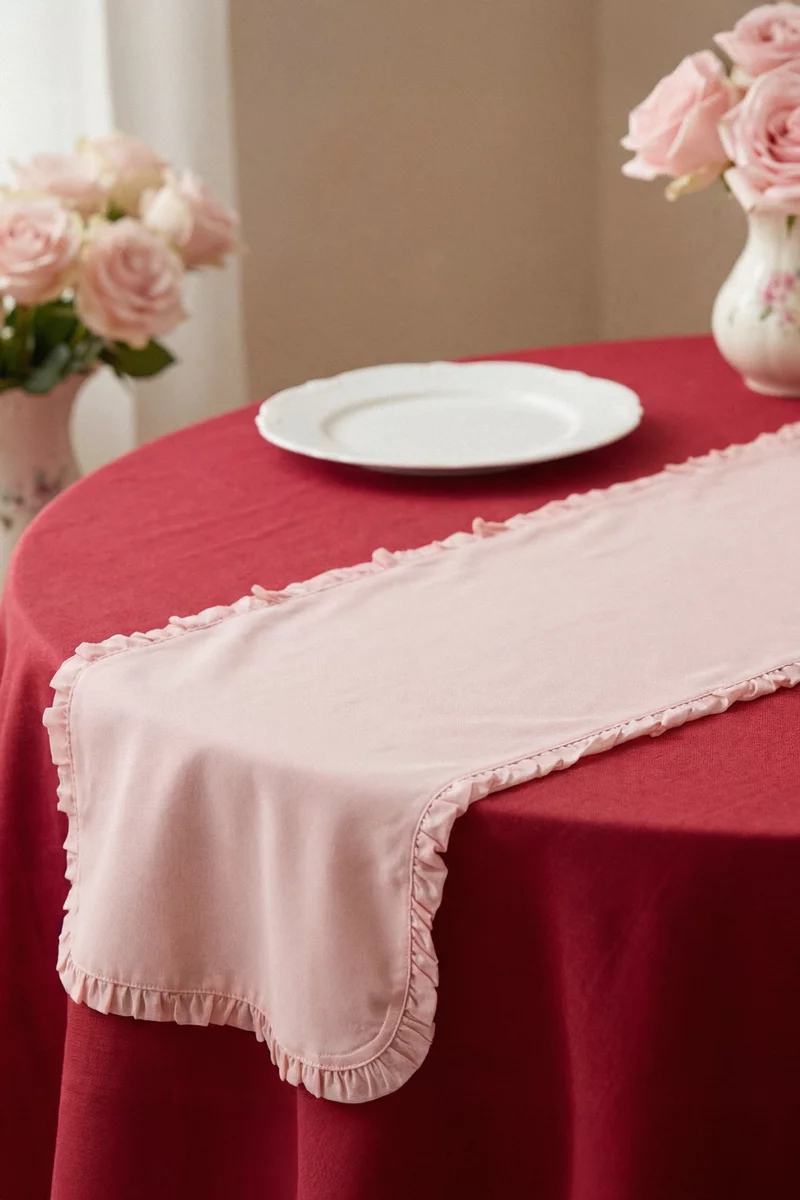 Бежевый прямоугольный ранер с рюшами 150х40 см фотография 5